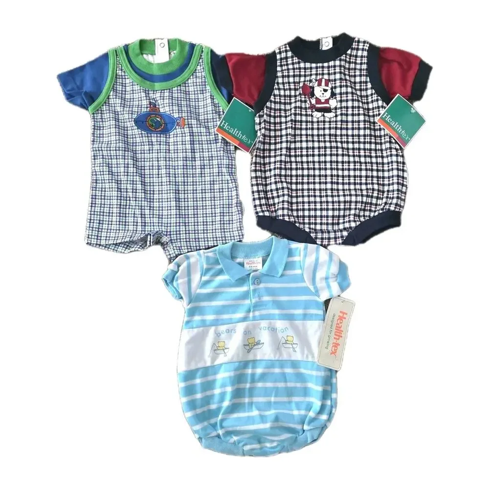 Lot Of 3 Vtg NOS Health Tex Baby Boy Bodysuits Rompers Size 6-9M 70s 90s Summer